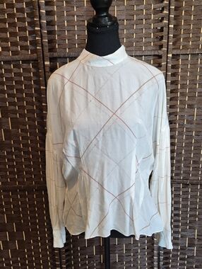 Massimo Dutti Cream Plaid Mock-Neck Long Sleeve Top